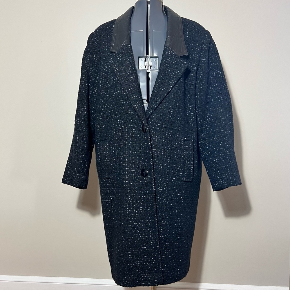 Vintage Otello Pelle Black & White Tweed Trench Coat with Leather Collar Size XL
